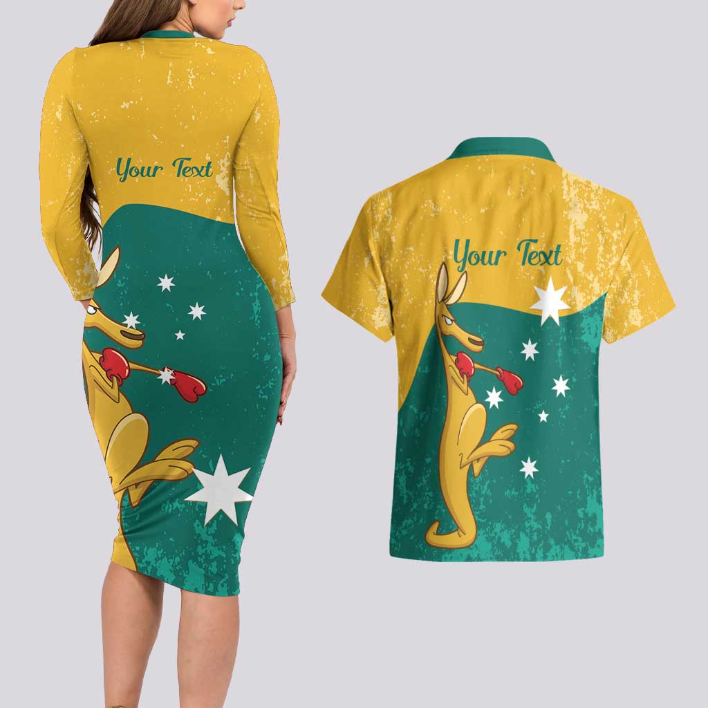 Personalised Boxing Kangaroo Couples Matching Long Sleeve Bodycon Dress and Hawaiian Shirt Aussie Oi Oi Oi Sporty National Color - Aussie Hoodie