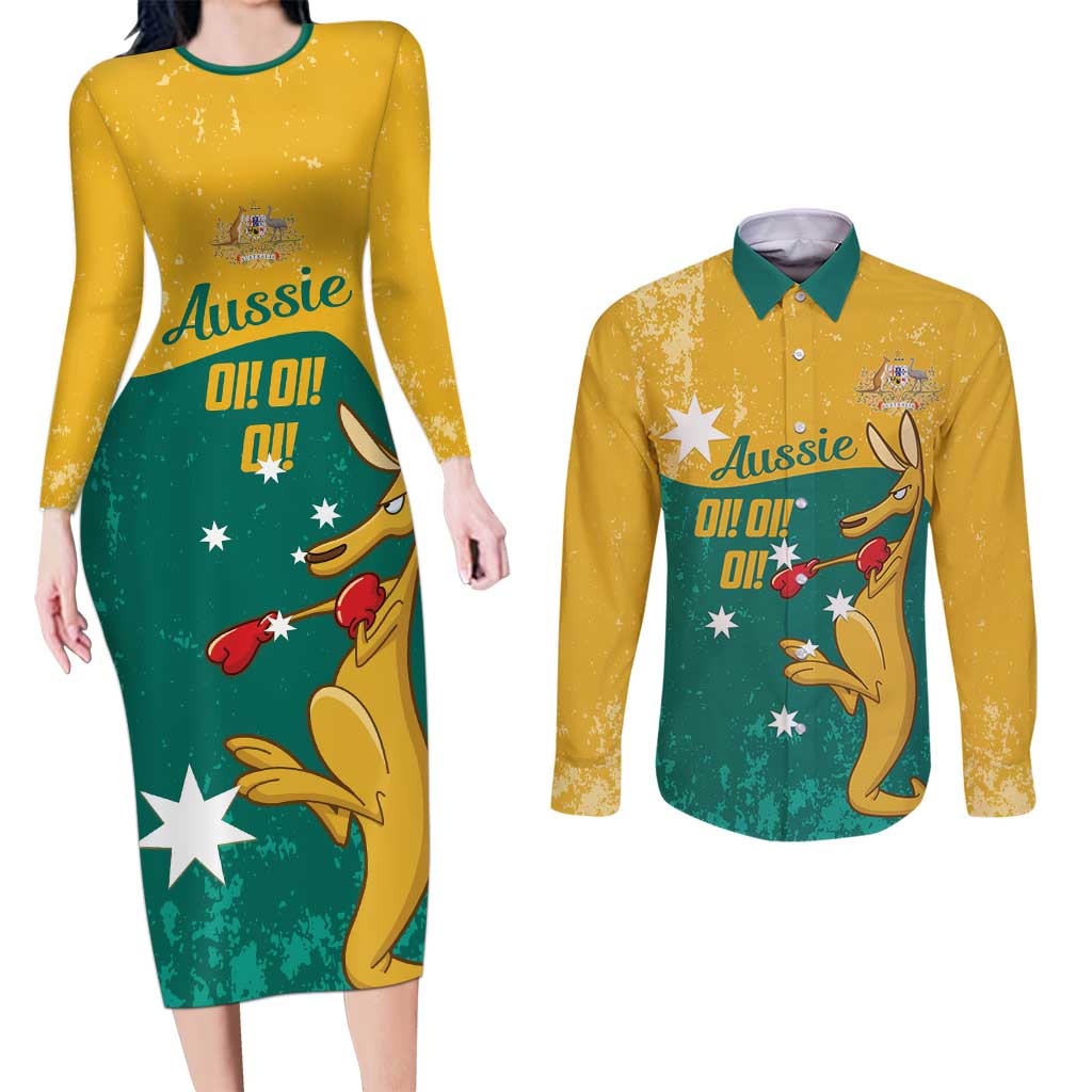 Personalised Boxing Kangaroo Couples Matching Long Sleeve Bodycon Dress and Long Sleeve Button Shirt Aussie Oi Oi Oi Sporty National Color - Aussie Hoodie