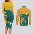 Personalised Boxing Kangaroo Couples Matching Long Sleeve Bodycon Dress and Long Sleeve Button Shirt Aussie Oi Oi Oi Sporty National Color - Aussie Hoodie