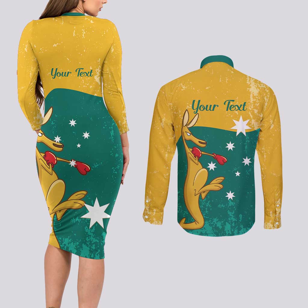 Personalised Boxing Kangaroo Couples Matching Long Sleeve Bodycon Dress and Long Sleeve Button Shirt Aussie Oi Oi Oi Sporty National Color - Aussie Hoodie