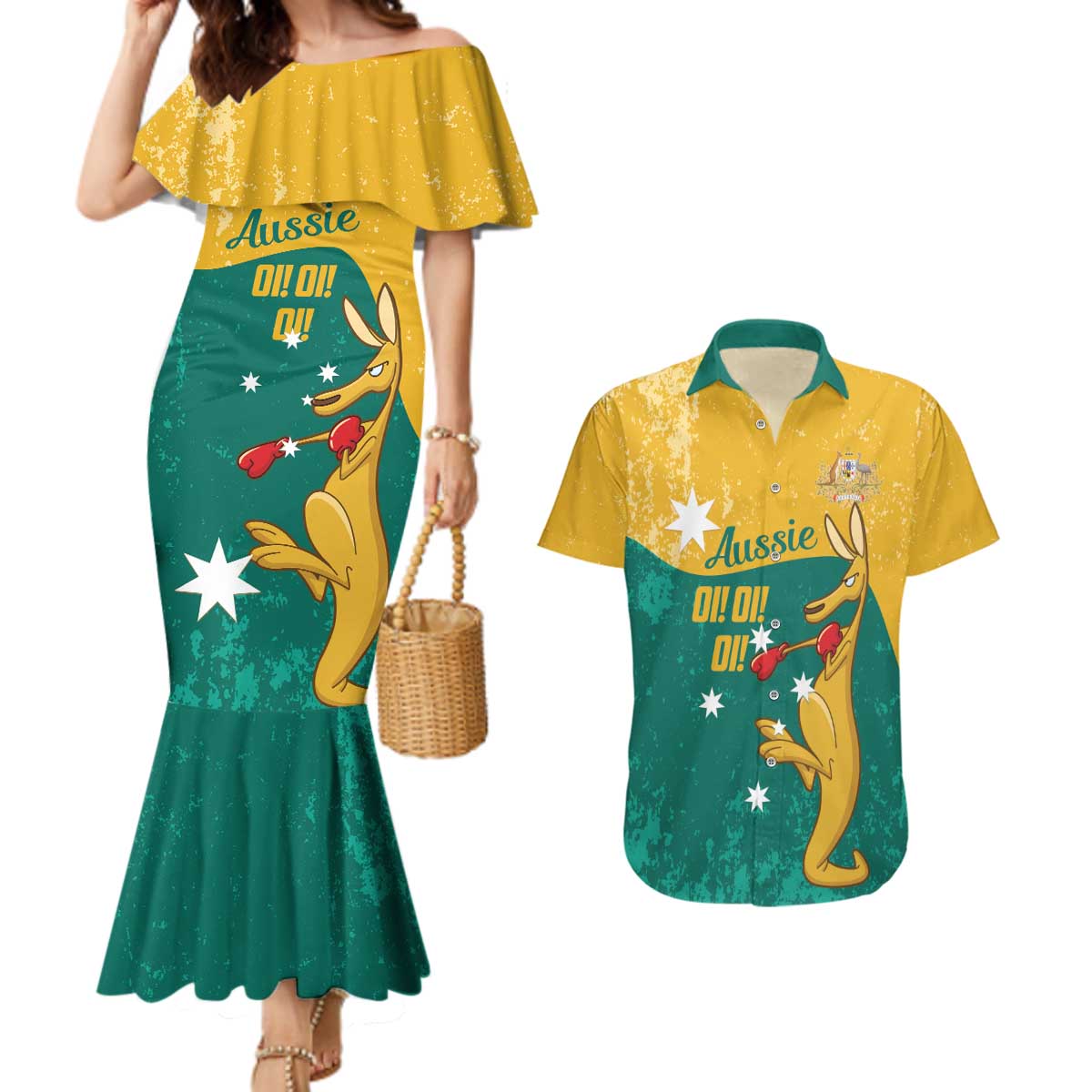 Personalised Boxing Kangaroo Couples Matching Mermaid Dress and Hawaiian Shirt Aussie Oi Oi Oi Sporty National Color - Aussie Hoodie