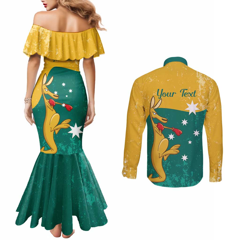 Personalised Boxing Kangaroo Couples Matching Mermaid Dress and Long Sleeve Button Shirt Aussie Oi Oi Oi Sporty National Color - Aussie Hoodie