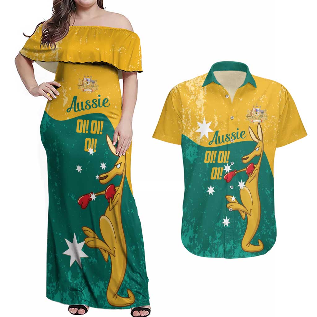Personalised Boxing Kangaroo Couples Matching Off Shoulder Maxi Dress and Hawaiian Shirt Aussie Oi Oi Oi Sporty National Color - Aussie Hoodie