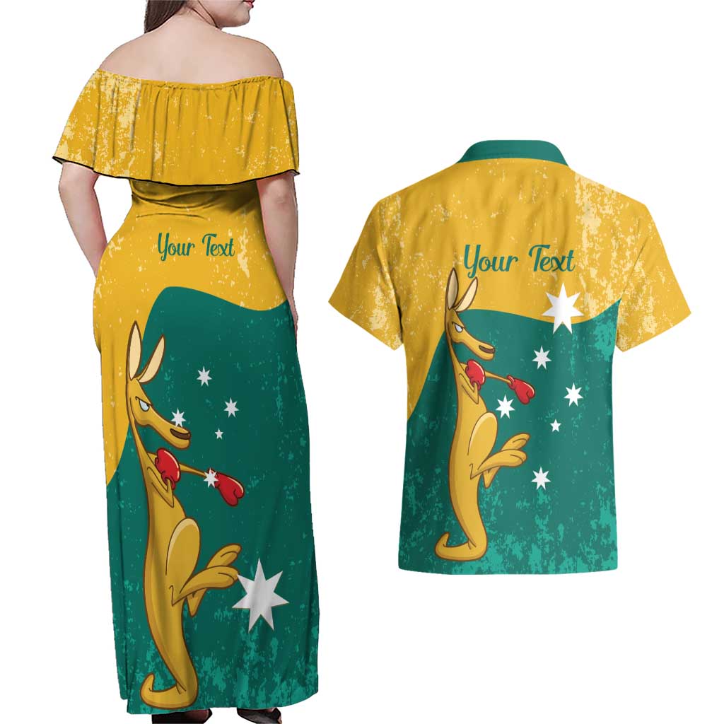 Personalised Boxing Kangaroo Couples Matching Off Shoulder Maxi Dress and Hawaiian Shirt Aussie Oi Oi Oi Sporty National Color - Aussie Hoodie