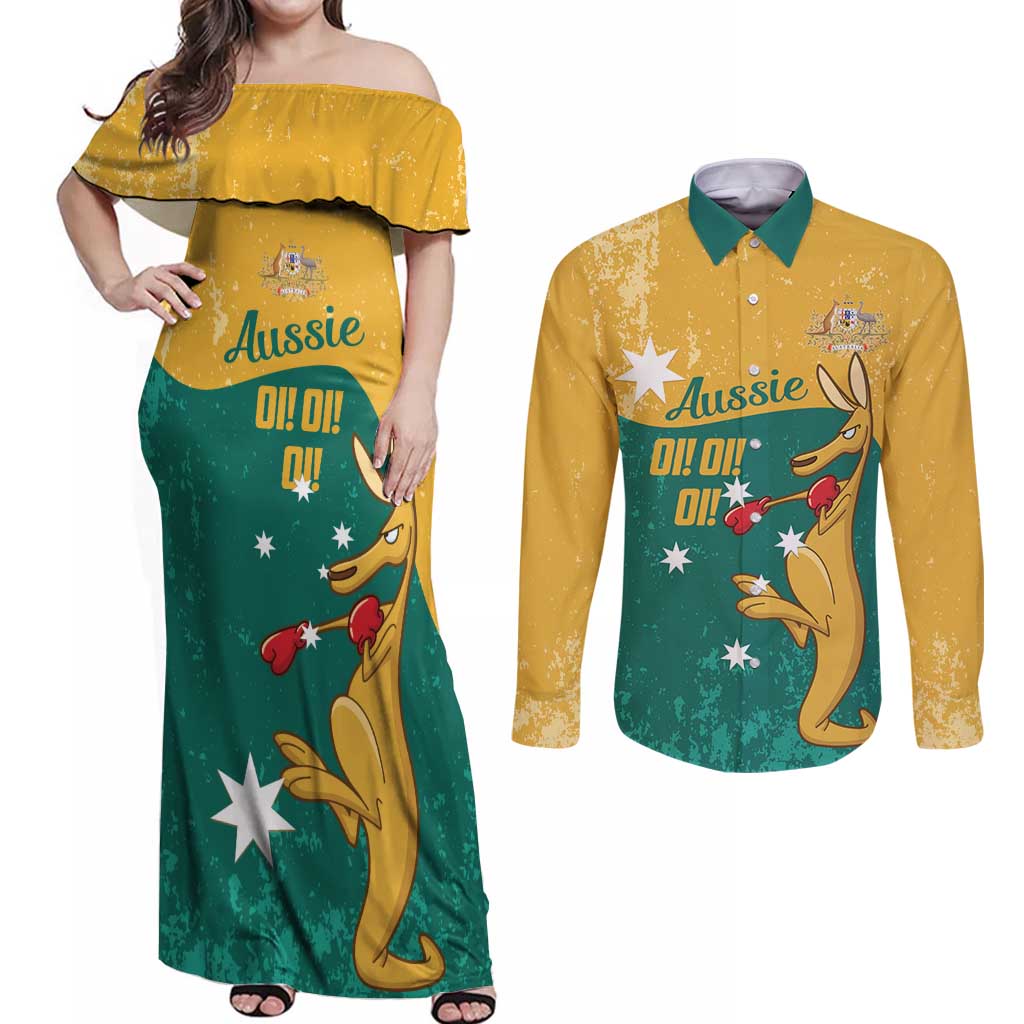 Personalised Boxing Kangaroo Couples Matching Off Shoulder Maxi Dress and Long Sleeve Button Shirt Aussie Oi Oi Oi Sporty National Color - Aussie Hoodie
