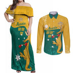Personalised Boxing Kangaroo Couples Matching Off Shoulder Maxi Dress and Long Sleeve Button Shirt Aussie Oi Oi Oi Sporty National Color - Aussie Hoodie
