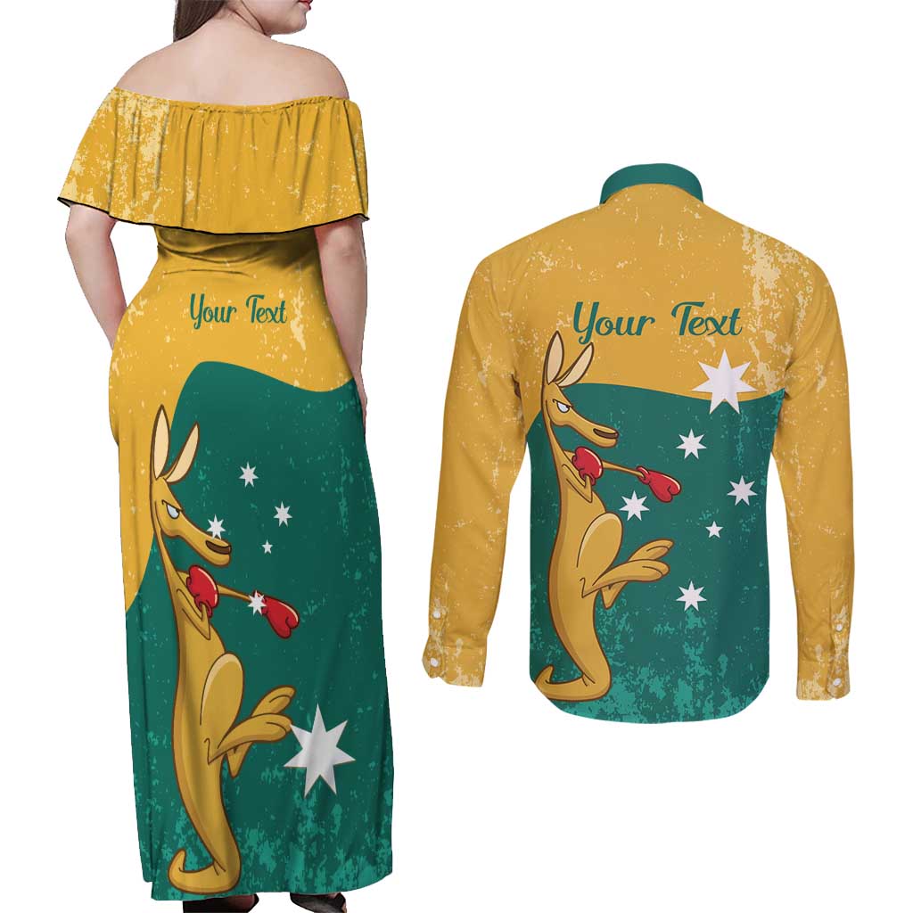 Personalised Boxing Kangaroo Couples Matching Off Shoulder Maxi Dress and Long Sleeve Button Shirt Aussie Oi Oi Oi Sporty National Color - Aussie Hoodie