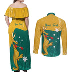 Personalised Boxing Kangaroo Couples Matching Off Shoulder Maxi Dress and Long Sleeve Button Shirt Aussie Oi Oi Oi Sporty National Color - Aussie Hoodie