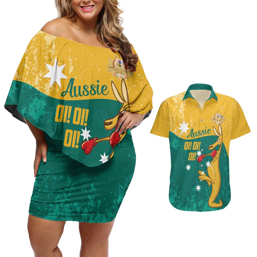 Personalised Boxing Kangaroo Couples Matching Off Shoulder Short Dress and Hawaiian Shirt Aussie Oi Oi Oi Sporty National Color - Aussie Hoodie