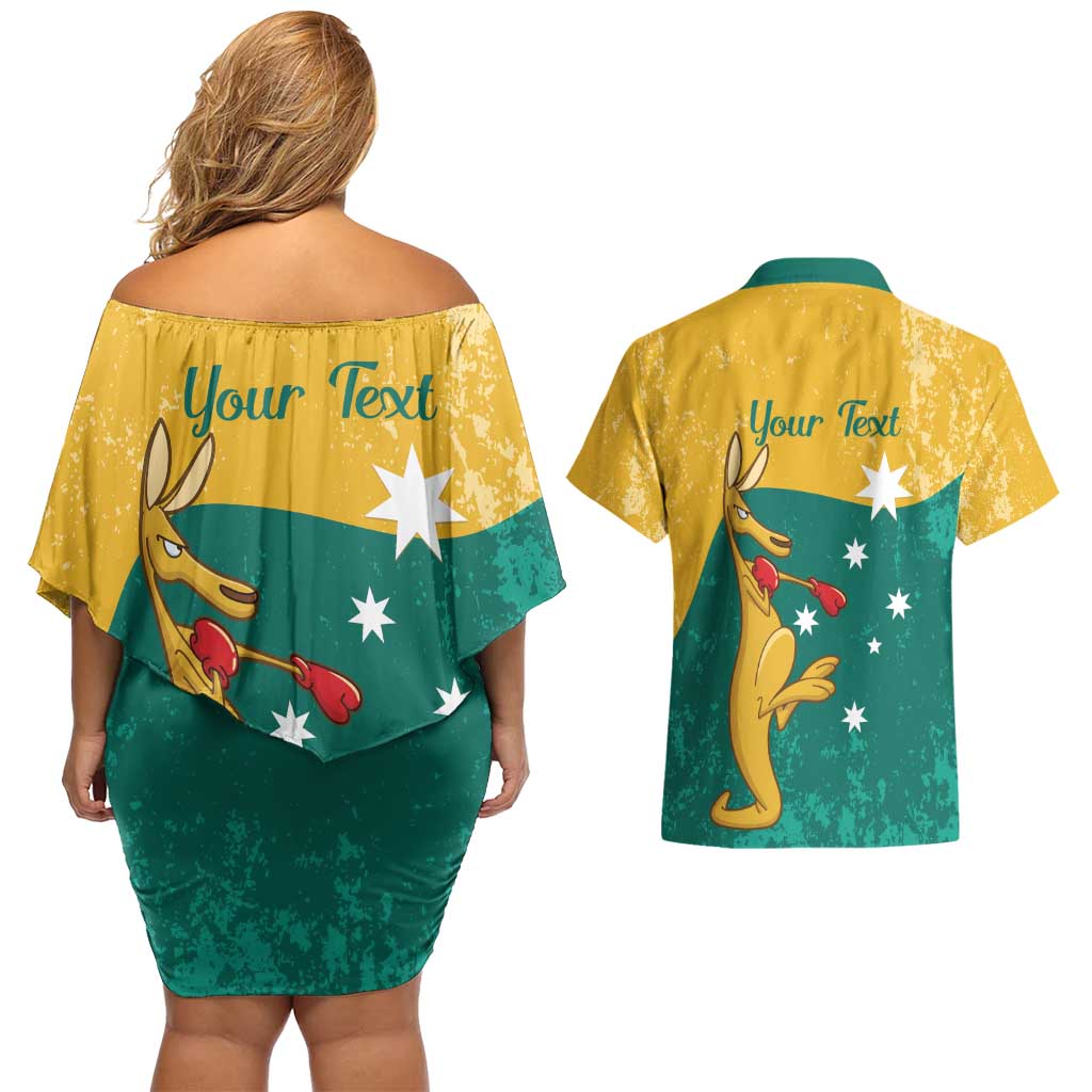 Personalised Boxing Kangaroo Couples Matching Off Shoulder Short Dress and Hawaiian Shirt Aussie Oi Oi Oi Sporty National Color - Aussie Hoodie