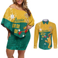 Personalised Boxing Kangaroo Couples Matching Off Shoulder Short Dress and Long Sleeve Button Shirt Aussie Oi Oi Oi Sporty National Color - Aussie Hoodie
