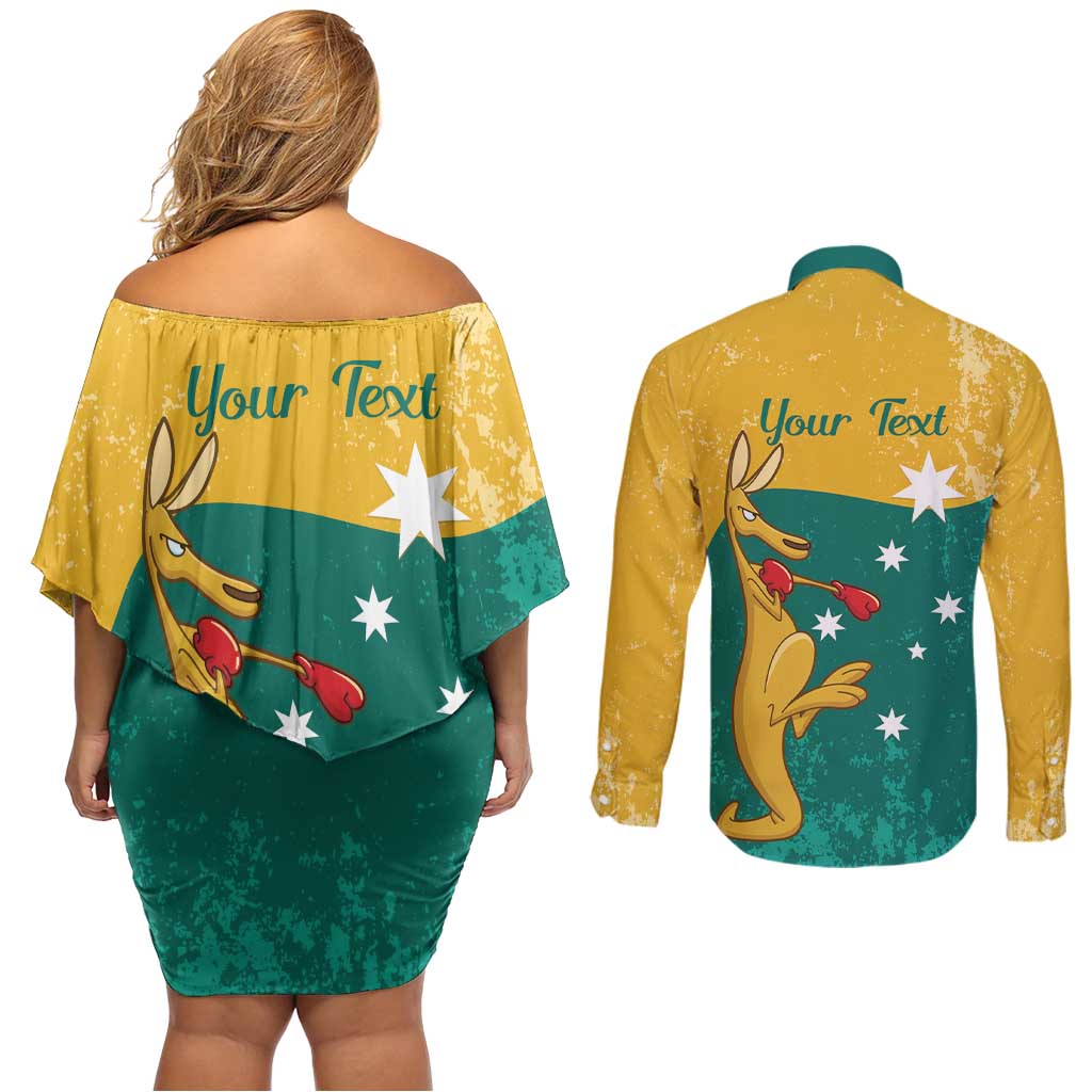 Personalised Boxing Kangaroo Couples Matching Off Shoulder Short Dress and Long Sleeve Button Shirt Aussie Oi Oi Oi Sporty National Color - Aussie Hoodie