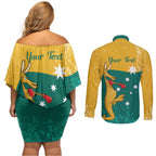 Personalised Boxing Kangaroo Couples Matching Off Shoulder Short Dress and Long Sleeve Button Shirt Aussie Oi Oi Oi Sporty National Color - Aussie Hoodie