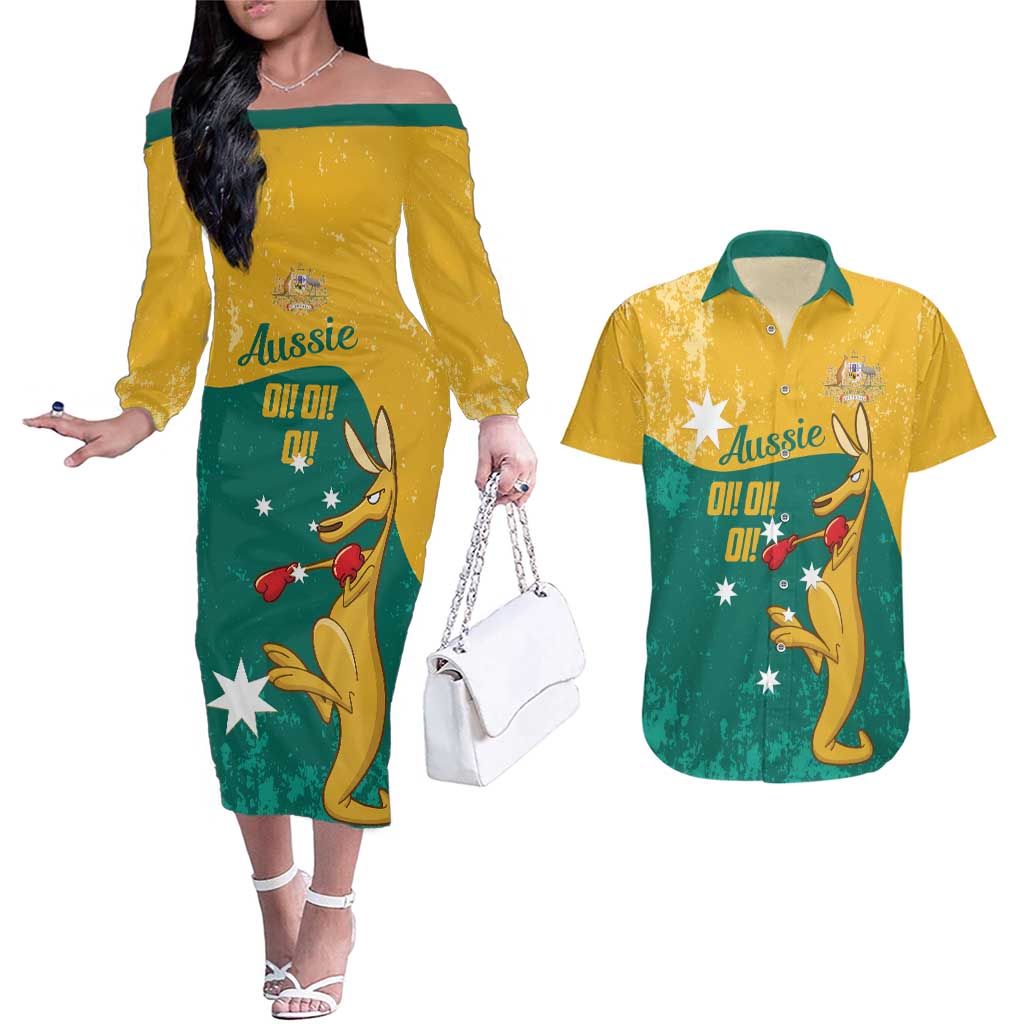 Personalised Boxing Kangaroo Couples Matching Off The Shoulder Long Sleeve Dress and Hawaiian Shirt Aussie Oi Oi Oi Sporty National Color - Aussie Hoodie