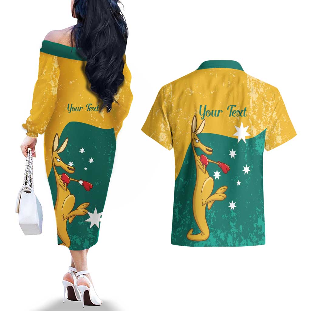 Personalised Boxing Kangaroo Couples Matching Off The Shoulder Long Sleeve Dress and Hawaiian Shirt Aussie Oi Oi Oi Sporty National Color - Aussie Hoodie