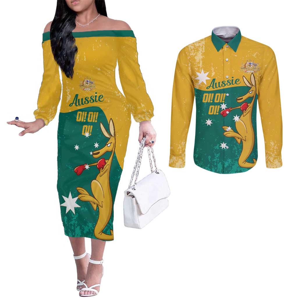 Personalised Boxing Kangaroo Couples Matching Off The Shoulder Long Sleeve Dress and Long Sleeve Button Shirt Aussie Oi Oi Oi Sporty National Color - Aussie Hoodie