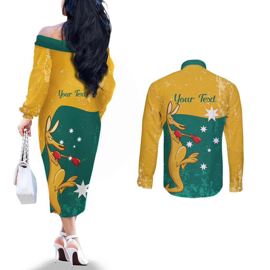 Personalised Boxing Kangaroo Couples Matching Off The Shoulder Long Sleeve Dress and Long Sleeve Button Shirt Aussie Oi Oi Oi Sporty National Color - Aussie Hoodie