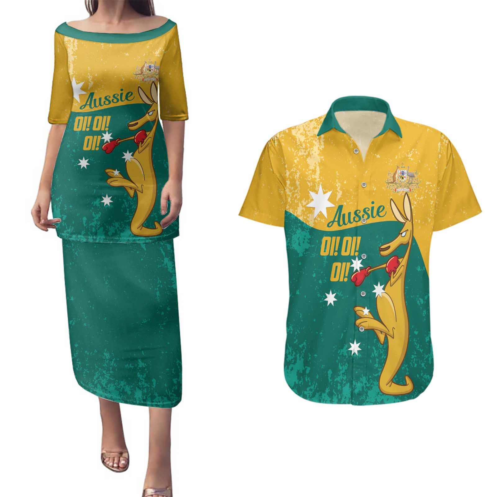 Personalised Boxing Kangaroo Couples Matching Puletasi and Hawaiian Shirt Aussie Oi Oi Oi Sporty National Color - Aussie Hoodie