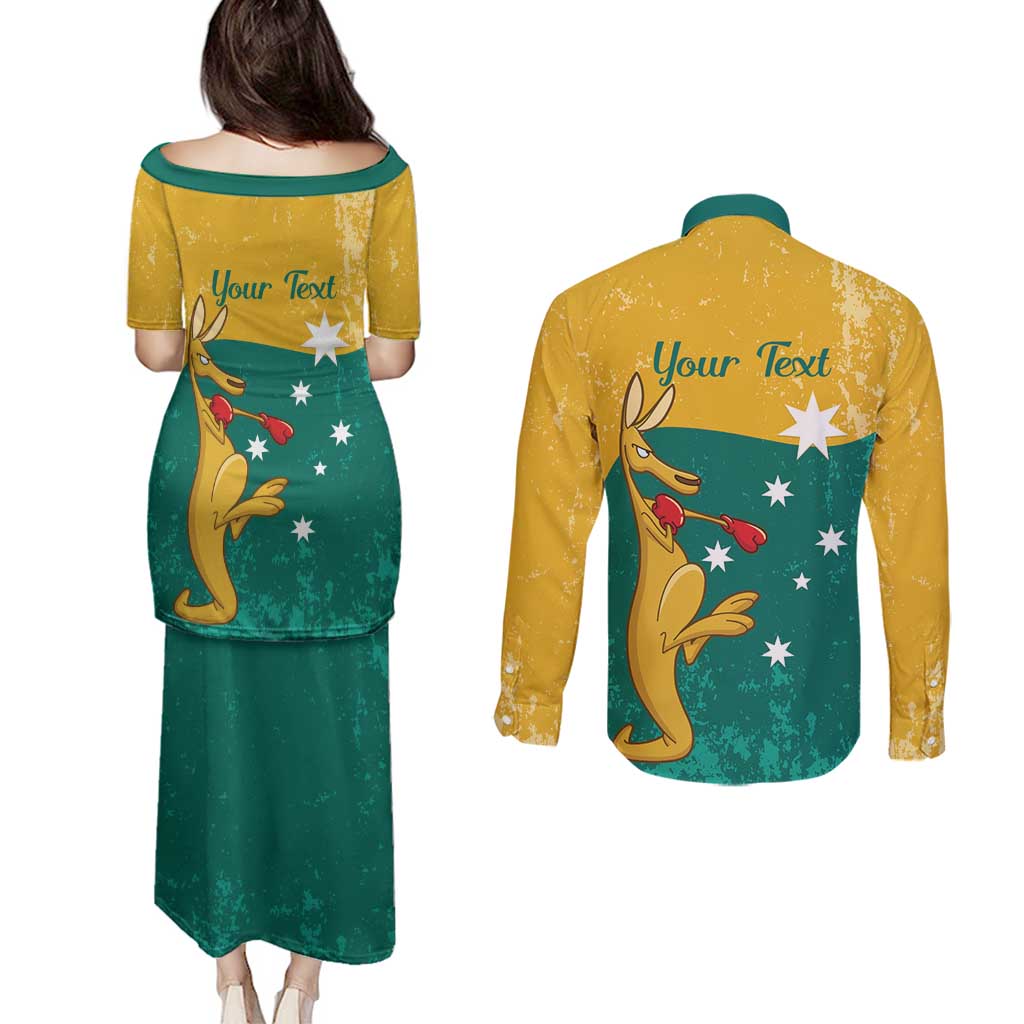 Personalised Boxing Kangaroo Couples Matching Puletasi and Long Sleeve Button Shirt Aussie Oi Oi Oi Sporty National Color - Aussie Hoodie