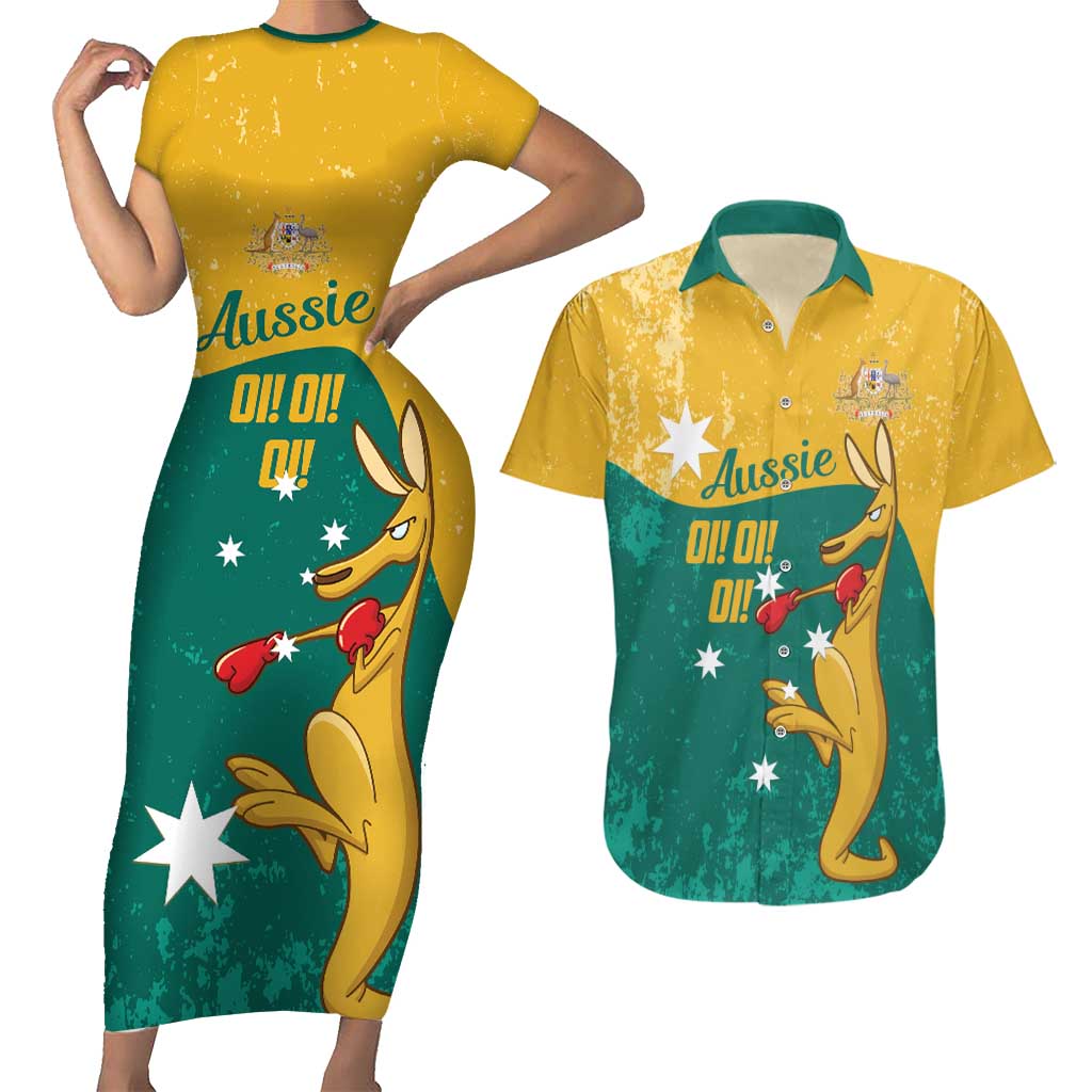 Personalised Boxing Kangaroo Couples Matching Short Sleeve Bodycon Dress and Hawaiian Shirt Aussie Oi Oi Oi Sporty National Color - Aussie Hoodie