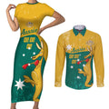 Personalised Boxing Kangaroo Couples Matching Short Sleeve Bodycon Dress and Long Sleeve Button Shirt Aussie Oi Oi Oi Sporty National Color - Aussie Hoodie