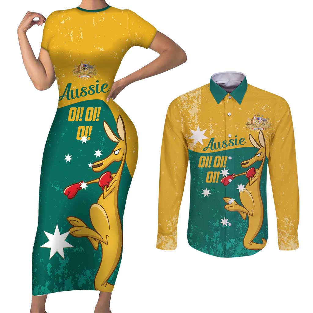 Personalised Boxing Kangaroo Couples Matching Short Sleeve Bodycon Dress and Long Sleeve Button Shirt Aussie Oi Oi Oi Sporty National Color - Aussie Hoodie