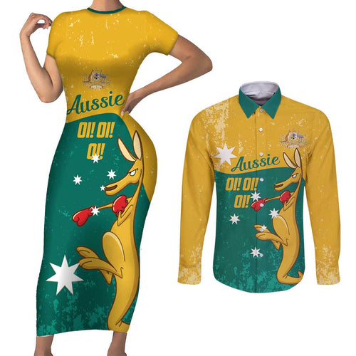 Personalised Boxing Kangaroo Couples Matching Short Sleeve Bodycon Dress and Long Sleeve Button Shirt Aussie Oi Oi Oi Sporty National Color - Aussie Hoodie