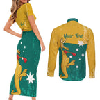 Personalised Boxing Kangaroo Couples Matching Short Sleeve Bodycon Dress and Long Sleeve Button Shirt Aussie Oi Oi Oi Sporty National Color - Aussie Hoodie