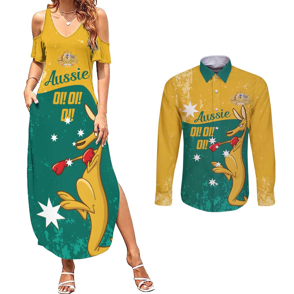 Personalised Boxing Kangaroo Couples Matching Summer Maxi Dress and Long Sleeve Button Shirt Aussie Oi Oi Oi Sporty National Color - Aussie Hoodie