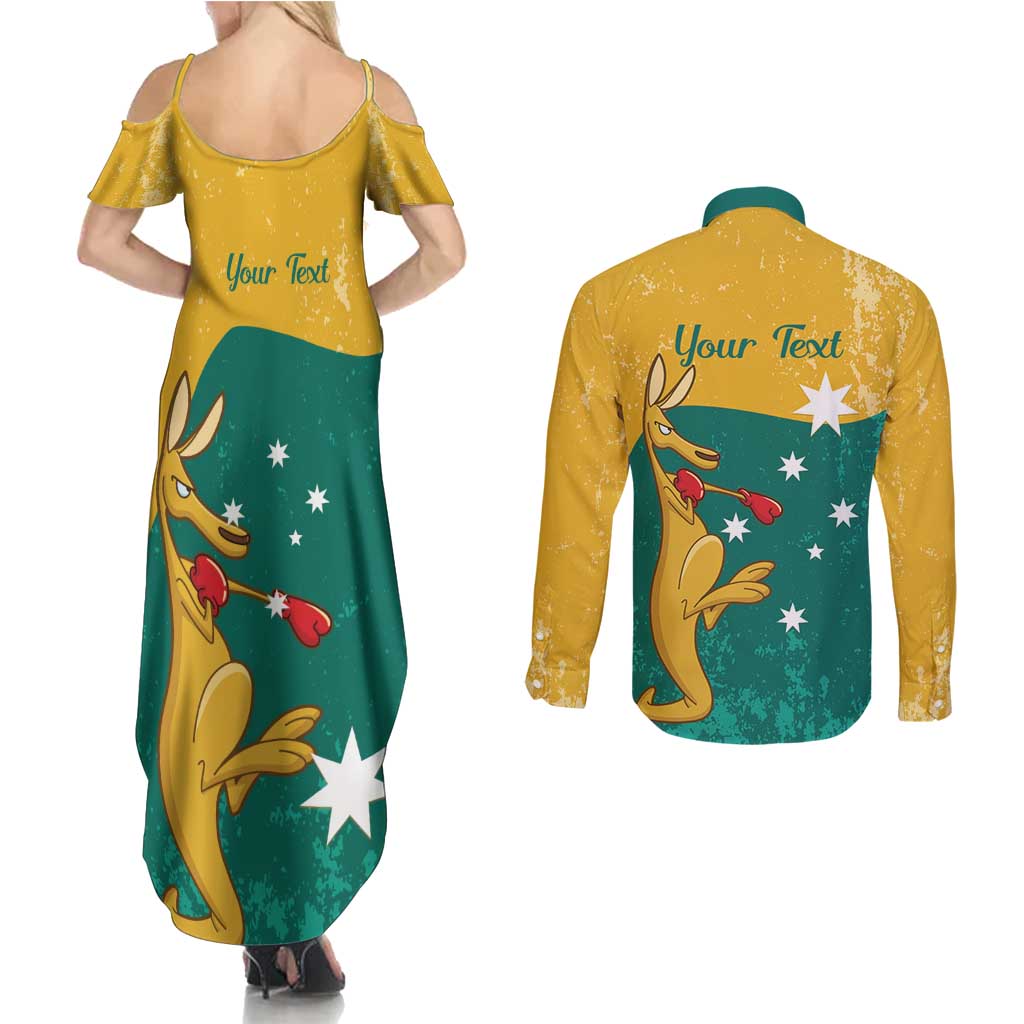 Personalised Boxing Kangaroo Couples Matching Summer Maxi Dress and Long Sleeve Button Shirt Aussie Oi Oi Oi Sporty National Color - Aussie Hoodie