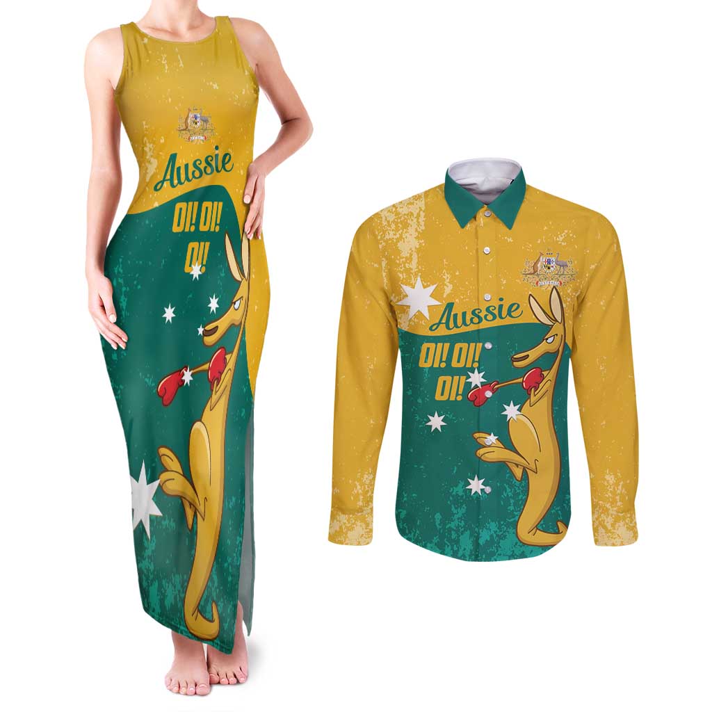 Personalised Boxing Kangaroo Couples Matching Tank Maxi Dress and Long Sleeve Button Shirt Aussie Oi Oi Oi Sporty National Color - Aussie Hoodie