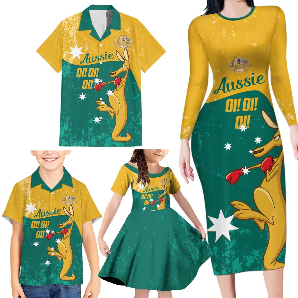 Personalised Boxing Kangaroo Family Matching Long Sleeve Bodycon Dress and Hawaiian Shirt Aussie Oi Oi Oi Sporty National Color - Aussie Hoodie