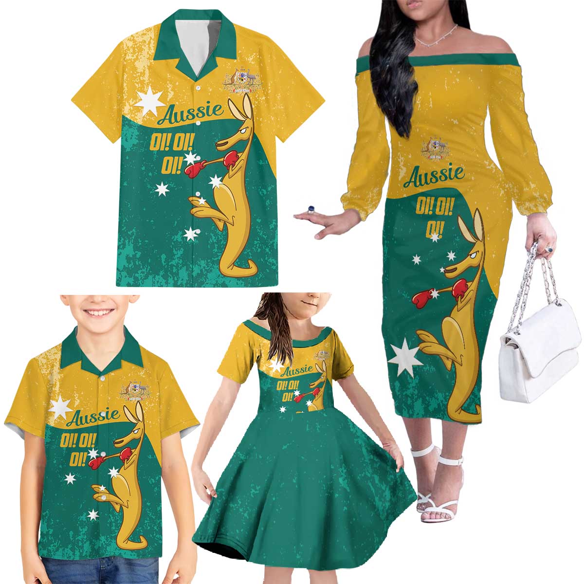 Personalised Boxing Kangaroo Family Matching Off The Shoulder Long Sleeve Dress and Hawaiian Shirt Aussie Oi Oi Oi Sporty National Color - Aussie Hoodie