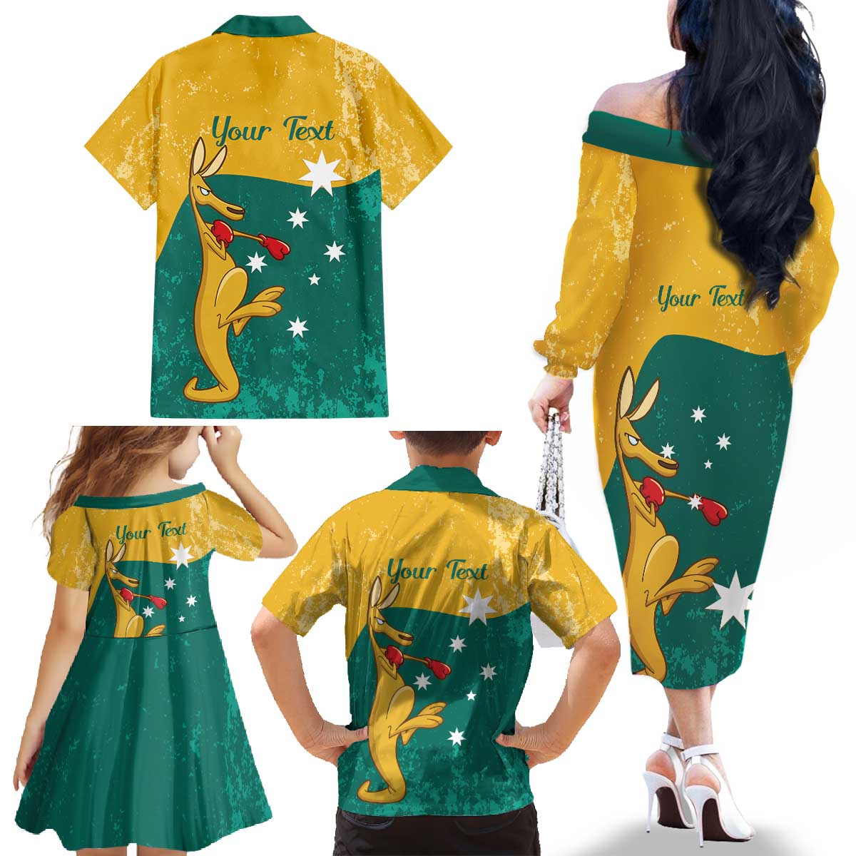 Personalised Boxing Kangaroo Family Matching Off The Shoulder Long Sleeve Dress and Hawaiian Shirt Aussie Oi Oi Oi Sporty National Color - Aussie Hoodie