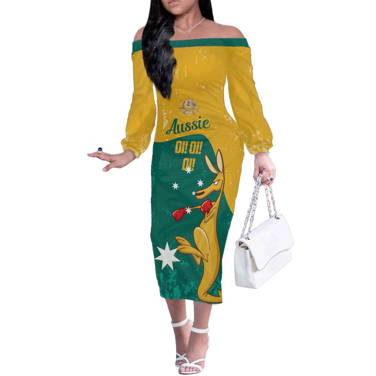 Personalised Boxing Kangaroo Family Matching Off The Shoulder Long Sleeve Dress and Hawaiian Shirt Aussie Oi Oi Oi Sporty National Color - Aussie Hoodie