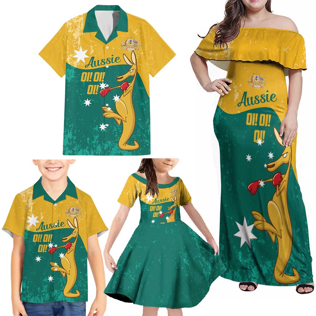 Personalised Boxing Kangaroo Family Matching Off Shoulder Maxi Dress and Hawaiian Shirt Aussie Oi Oi Oi Sporty National Color - Aussie Hoodie
