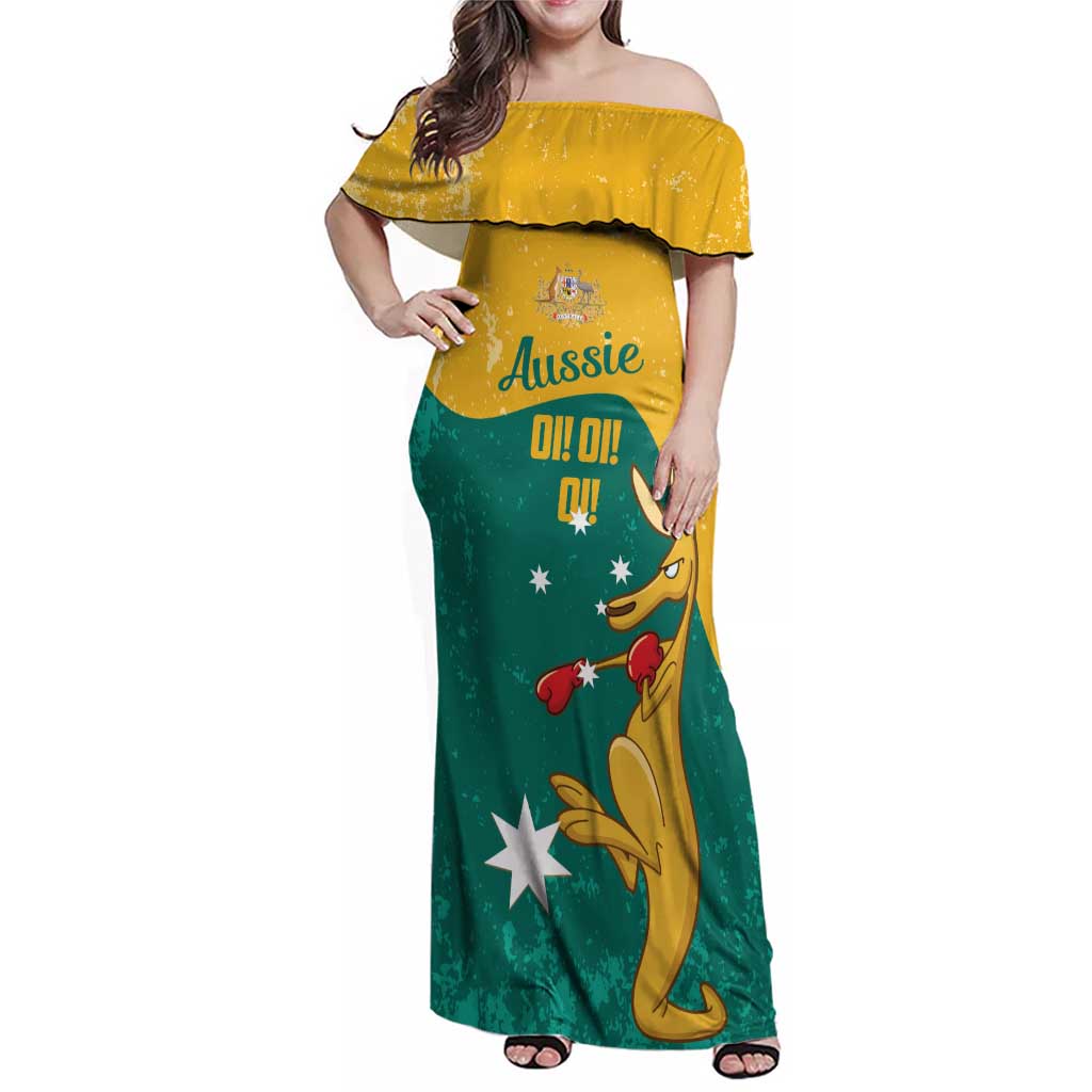 Personalised Boxing Kangaroo Family Matching Off Shoulder Maxi Dress and Hawaiian Shirt Aussie Oi Oi Oi Sporty National Color - Aussie Hoodie
