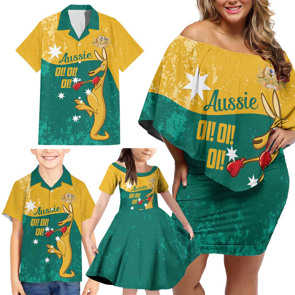 Personalised Boxing Kangaroo Family Matching Off Shoulder Short Dress and Hawaiian Shirt Aussie Oi Oi Oi Sporty National Color - Aussie Hoodie