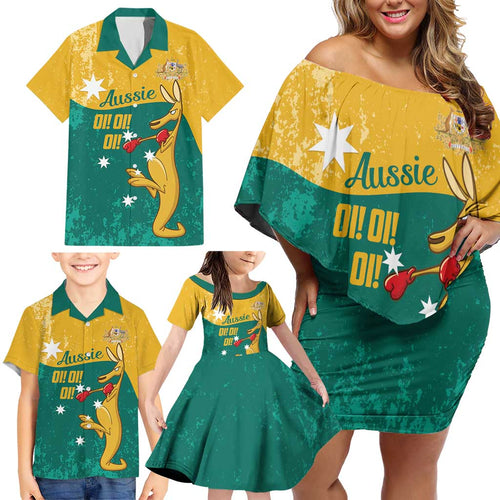Personalised Boxing Kangaroo Family Matching Off Shoulder Short Dress and Hawaiian Shirt Aussie Oi Oi Oi Sporty National Color - Aussie Hoodie