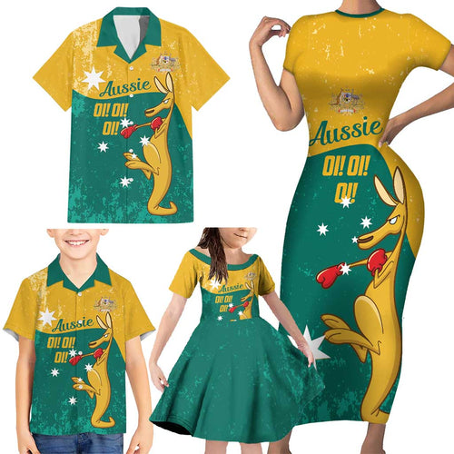 Personalised Boxing Kangaroo Family Matching Short Sleeve Bodycon Dress and Hawaiian Shirt Aussie Oi Oi Oi Sporty National Color - Aussie Hoodie