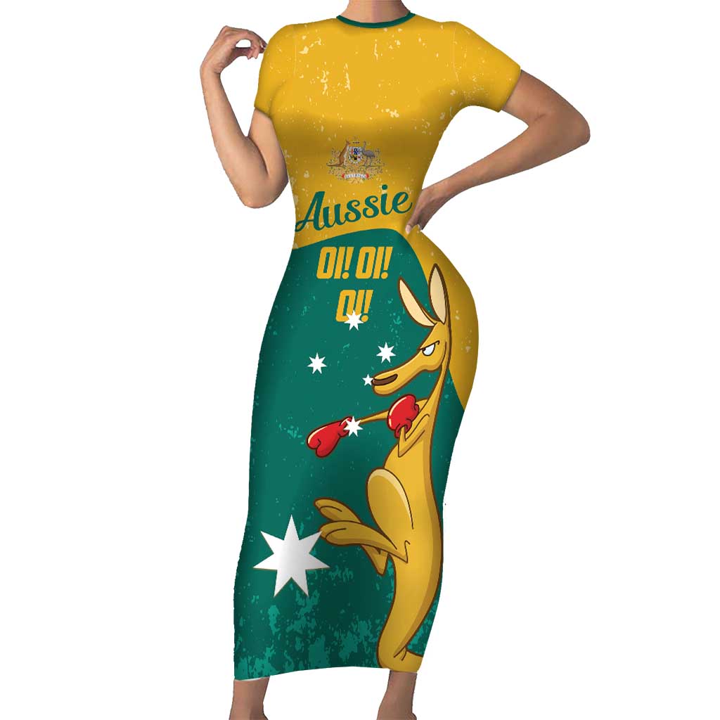 Personalised Boxing Kangaroo Family Matching Short Sleeve Bodycon Dress and Hawaiian Shirt Aussie Oi Oi Oi Sporty National Color - Aussie Hoodie