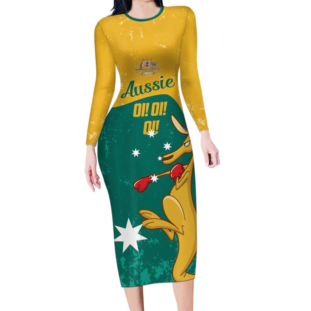 Personalised Boxing Kangaroo Long Sleeve Bodycon Dress Aussie Oi Oi Oi Sporty National Color - Aussie Hoodie