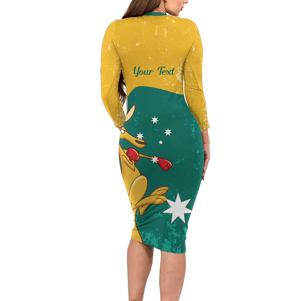 Personalised Boxing Kangaroo Long Sleeve Bodycon Dress Aussie Oi Oi Oi Sporty National Color - Aussie Hoodie