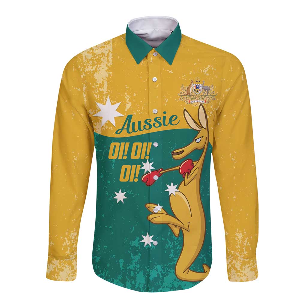Personalised Boxing Kangaroo Long Sleeve Button Shirt Aussie Oi Oi Oi Sporty National Color - Aussie Hoodie