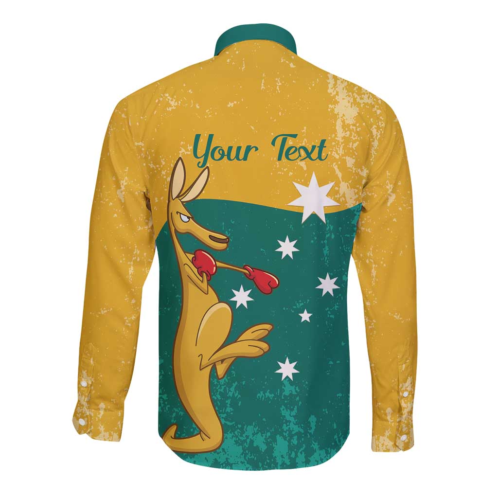 Personalised Boxing Kangaroo Long Sleeve Button Shirt Aussie Oi Oi Oi Sporty National Color - Aussie Hoodie