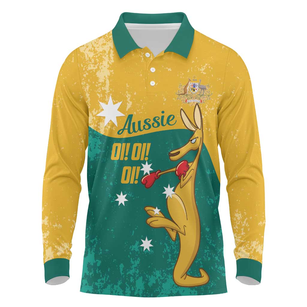 Personalised Boxing Kangaroo Long Sleeve Polo Shirt Aussie Oi Oi Oi Sporty National Color - Aussie Hoodie