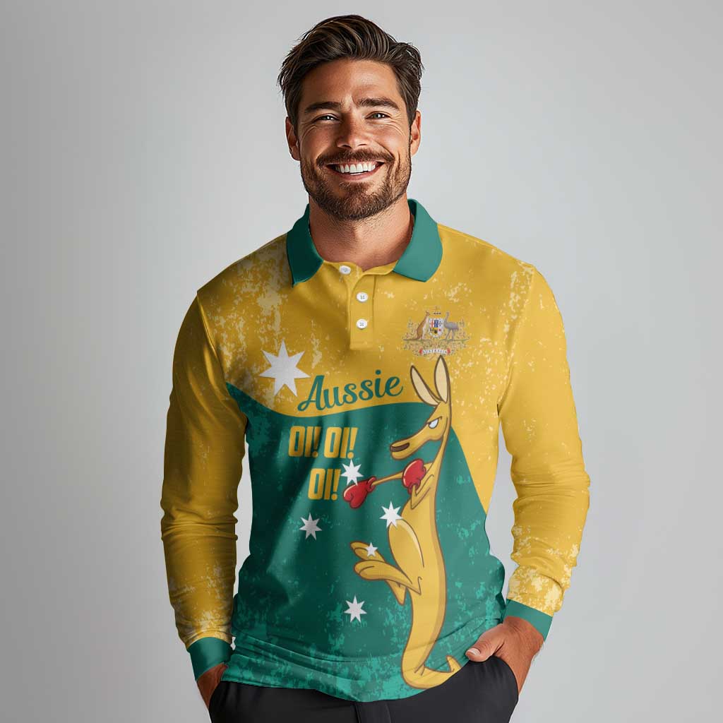 Personalised Boxing Kangaroo Long Sleeve Polo Shirt Aussie Oi Oi Oi Sporty National Color - Aussie Hoodie