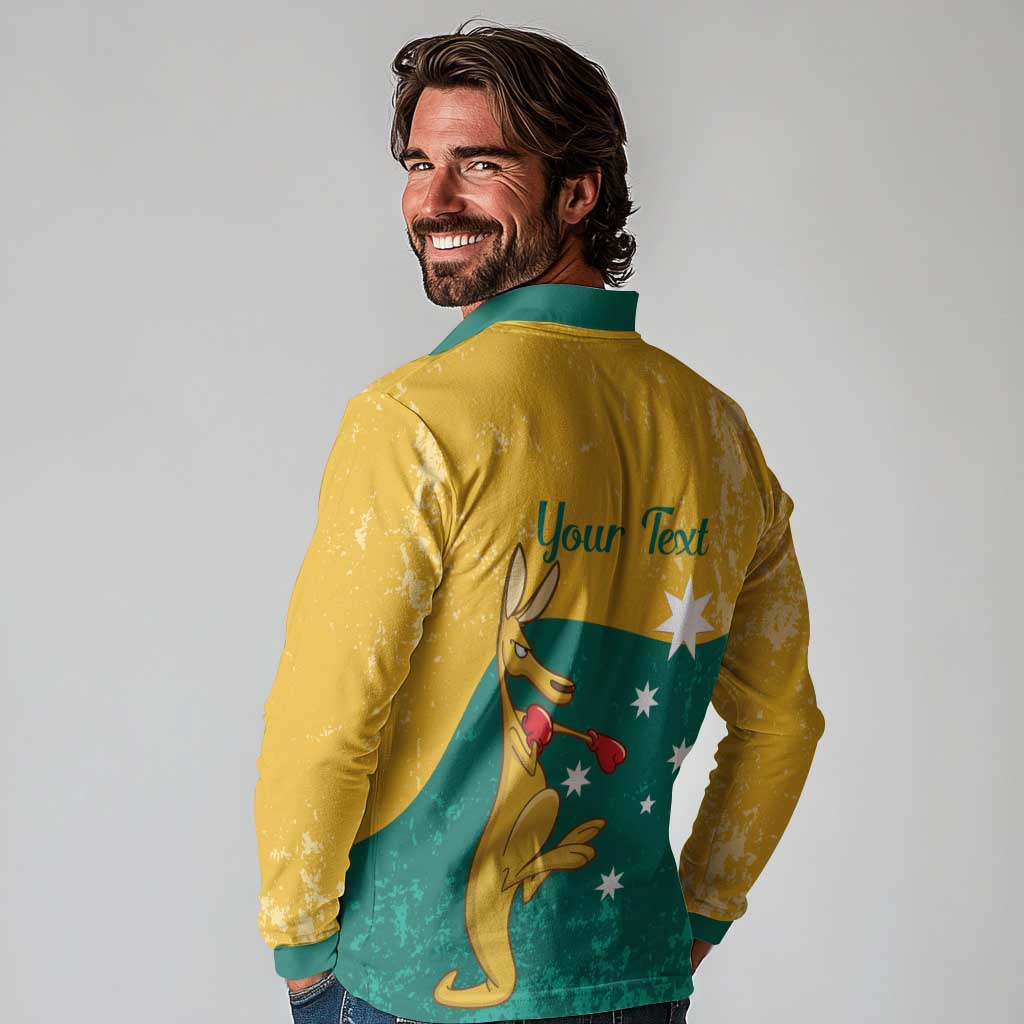 Personalised Boxing Kangaroo Long Sleeve Polo Shirt Aussie Oi Oi Oi Sporty National Color - Aussie Hoodie