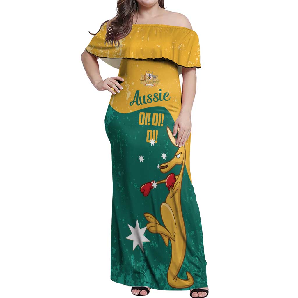 Personalised Boxing Kangaroo Off Shoulder Maxi Dress Aussie Oi Oi Oi Sporty National Color - Aussie Hoodie