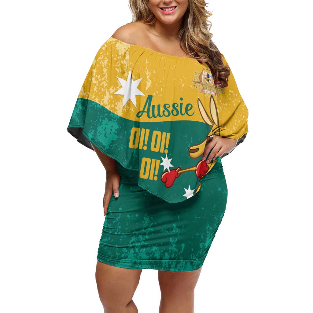 Personalised Boxing Kangaroo Off Shoulder Short Dress Aussie Oi Oi Oi Sporty National Color - Aussie Hoodie